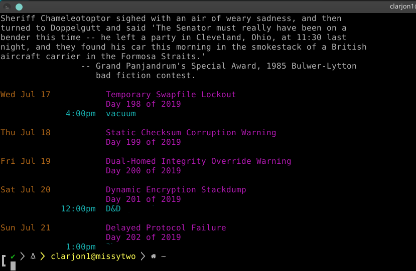 A screenshot of my terminal, showing off the agenda output of gcalcli on a fresh start